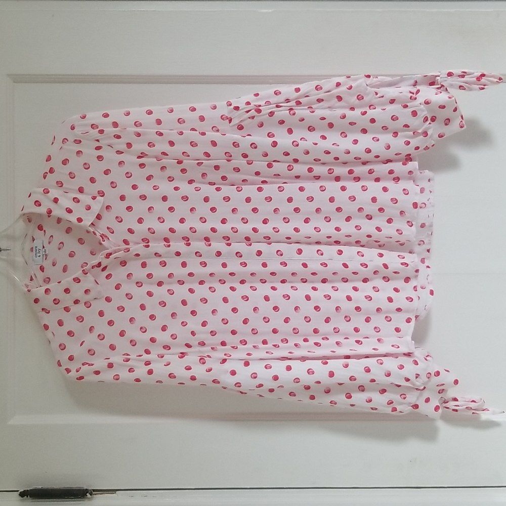 Crown & Ivy Polka-Dot Long-Sleeve Gauzy Lightweight Top w/Sleeve Ties EUC